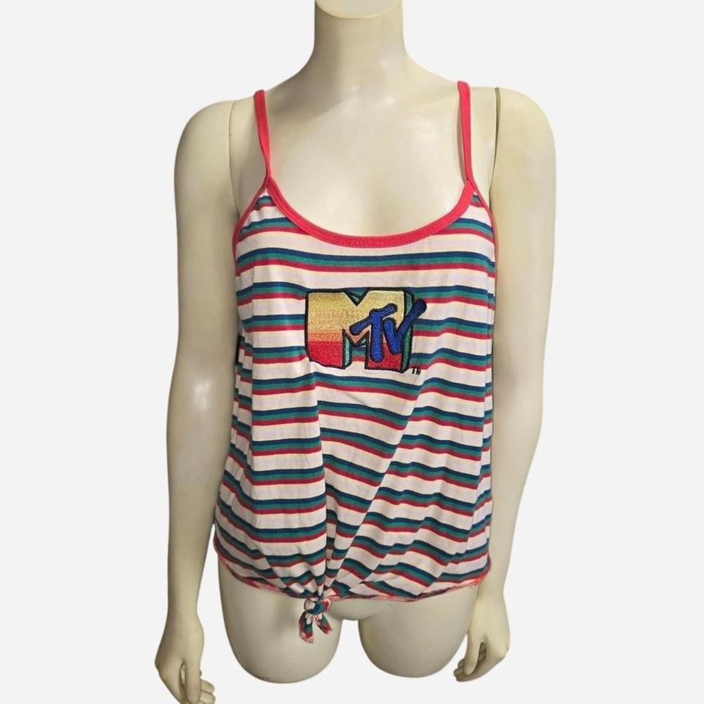 MTV Logo Striped Tank Top Womens Size Large‎ Rainbow Graphic Tie Front Camisole